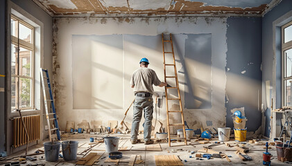 Builder man standing and painting wall in room Mixed media