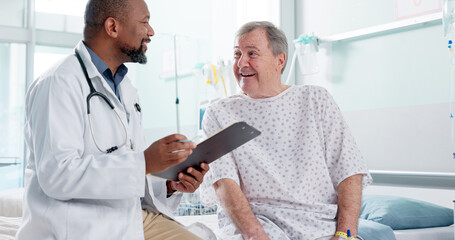 Man, doctor and patient in consultation, diagnosis or explaining prescription on hospital bed. Male person, medical or healthcare surgeon consulting customer for health advice or results at clinic