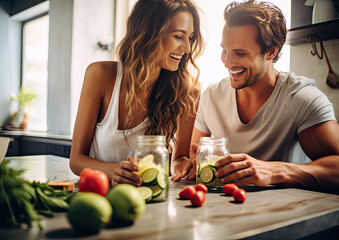 Happy young couple is preparing healthy salad in the kitchen at home