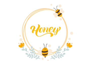 Honey frame with flowers and bees Cartoon vector illustration 