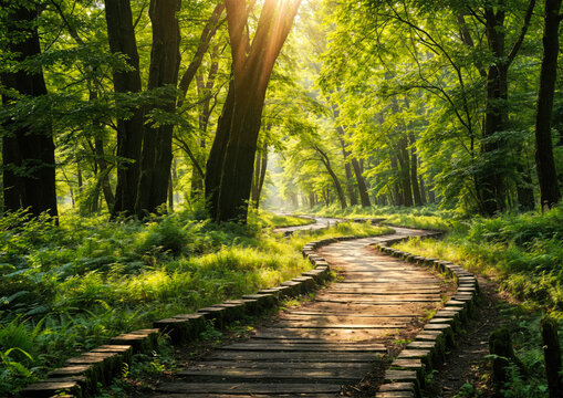 Wooden path in the green forest with sunbeams passing through