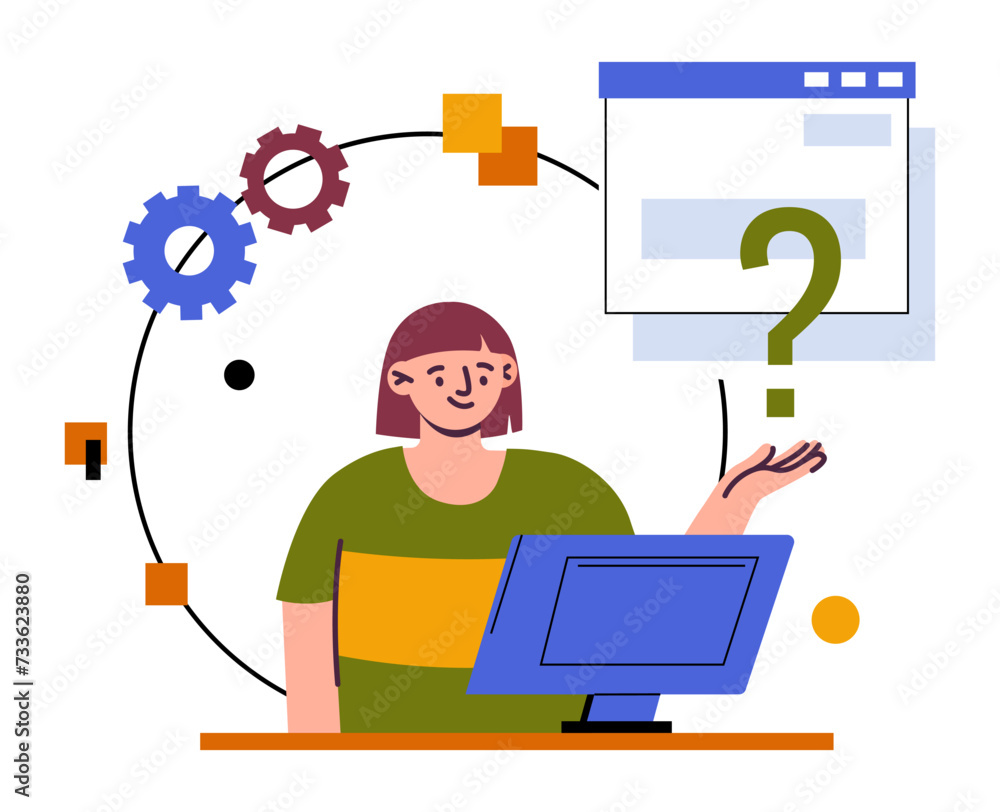 Poster call service. woman assistant. online support. business employee. ask question. secretary works at c