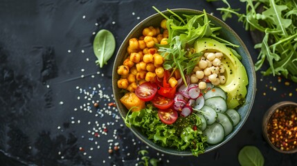 Photo of a balanced Buddha bowl with colorful ingredients.