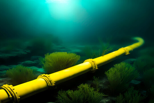 Metallic yellow pipe for transporting gas underwater at the bottom. The concept of oil pipeline, gas pipeline