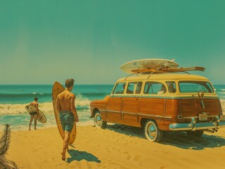 Retro Beach Day with Classic Woody Station Wagon
