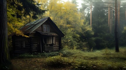 old wooden cabin in the natural autumn forest