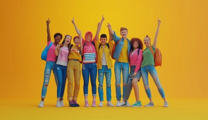 Group of happy multicultural students on color background.Generative AI.