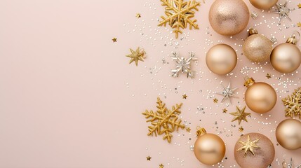 New Year Wishes! Top-view photo of chic tree decorations, golden ornaments, sparkling stars, snowflakes, sequins on a gentle pastel base, awaiting your message or advertising