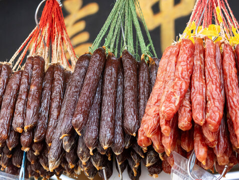 Chinese sausages for sale in Singapore Chinatown.