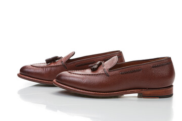 Fashionable Two Traditional Formal Stylish Brown Pebble Grain Tassel Loafer Shoes On White