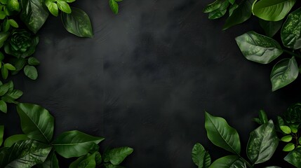 natural floral dark background with copy space, green leaves frame border against black background with space for text - Powered by Adobe