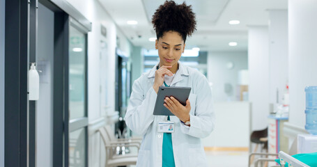 Typing, tablet or doctor in hospital with research on social media to search for medicine news...