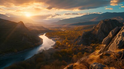 Wide angle aerial view of Mediterranean and mountainous landscape at sunrise - obrazy, fototapety, plakaty