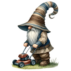 Gnome with Lawnmower in Garden Illustration