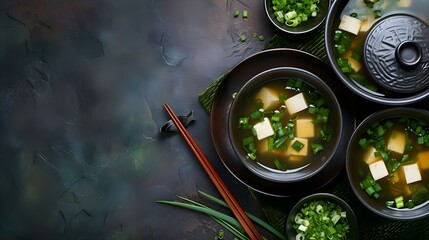 Miso traditional Japanese soup with tofu and spring onion With green tea in pot and bowls Top view. Creative Banner. Copyspace
