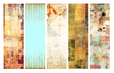 Set of vertical or horizontal banners with old paper texture and retro patterns with strips, dots and drops. Vintage backgrounds with grunge paper material