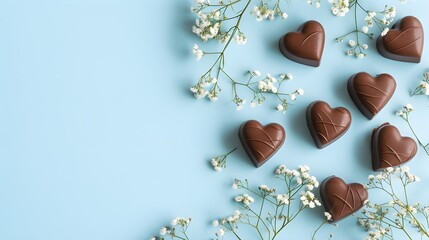 Minimalist heart-shaped chocolates with small white flowers flat lay photography, copy space, blue pastel