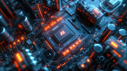 Close-up of computer motherboard circuit board with electronic chip components and hardware equipment