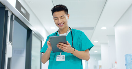 Doctor, nurse and smile on tablet for hospital services, thinking of healthcare and typing...