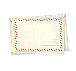 Vintage post card and envelope. Retro postcard with decorative border. Isolated on white background. Mock up template. Copy space for text
