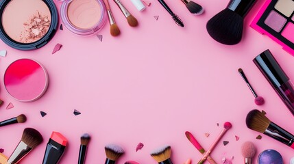 Makeup tools border design around blank space in colourful tones background. Flat lay composition of beauty products, brushes, color palettes and copy space banner - obrazy, fototapety, plakaty