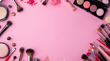 Makeup tools border design around blank space in colourful tones background. Flat lay composition of beauty products, brushes, color palettes and copy space banner