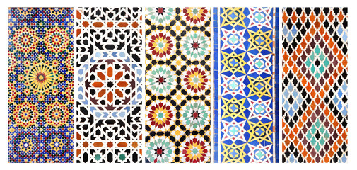Set of vertical or horizontal banners with detail of ancient mosaic walls with floral and geometric ornaments. Collection of backgrounds with traditional iranian tile decorations - obrazy, fototapety, plakaty