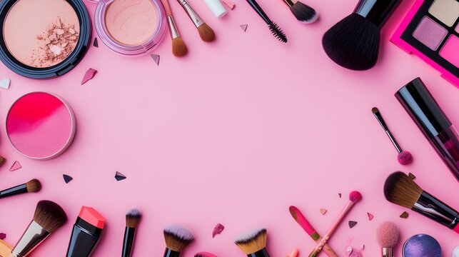 Makeup Tools Border Design Around Blank Space In Colourful Tones Background. Flat Lay Composition Of Beauty Products, Brushes, Color Palettes And Copy Space Banner