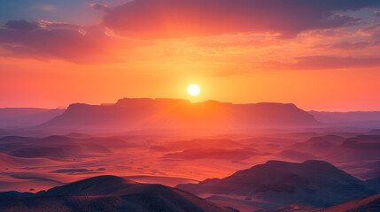 Soft focus and blur beautiful landscape on the top of mountains with the sun at dawn, generative ai