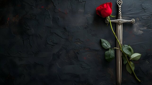 Knight sword and red rose flower on the black wooden flat lay background with copy space.
