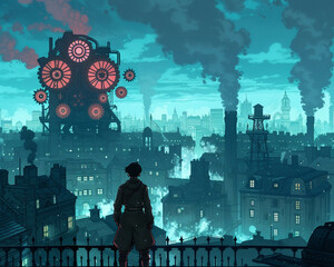 A spirit watches over a bustling steampunk city gears in harmony