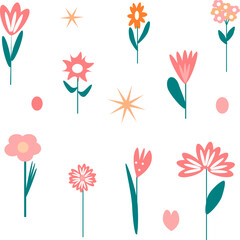 Obraz premium Isolated set with cute spring flowers in flat style. Simple botanical elements for textiles, wallpaper, packaging, children's design.