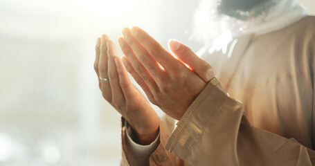 Islam, prayer and hands of man in mosque with love mindfulness and gratitude in faith for Eid....