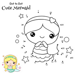 Connect The Dots and Draw Cute Mermaid. Dot to dot puzzle with cartoon little mermaid. Educational Game for Kids. Drawing for Preschool children.Vector Illustration EPS8
