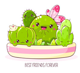 Cute cartoon cactus in flowerpot. Tiny cacti in kawaii style in flower pot. Inscription Best friends forever. Vector illustration EPS8