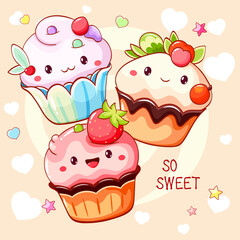 Card with cute dessert in kawaii style. Cake, muffin and cupcake with whipped cream and berry. Inscription So sweet. Can be used for t-shirt print, sticker, greeting card. Vector illustration EPS8