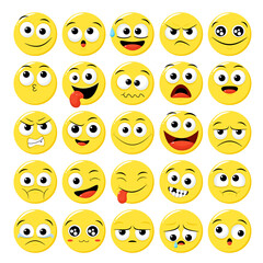 Fototapeta premium Collection of emoticons with different mood. Set of volumetric cartoon emoji faces in different expressions - happy, sad, cry, fear, crazy. Vector illustration EPS8