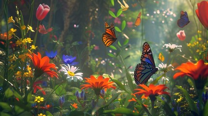 In the heart of an enchanted garden, love blooms amidst vibrant flowers and dancing butterflies
