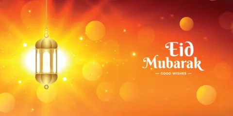 Foto op Plexiglas Eid Mubarak wishes or greeting banner design with bokeh effect Islamic background social media wishing banner vector illustration © InkSplash