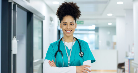 Healthcare, face and woman or nurse with arms crossed for wellness, trust and service in hospital or clinic. Portrait, person or doctor with happiness for career, cardiology or nursing at workplace - obrazy, fototapety, plakaty