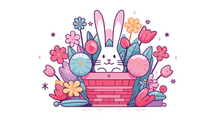 Rabbit Easter basket 2D linear illustration