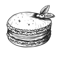 French dessert macaron woodcut sketch. French pastries. Hand drawn sketch vector illustration isolated on white. Engraved macaron for menu cover, logo, packaging design, display window.