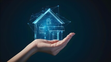 Fototapeta na wymiar Hologram of a house with a hand. New home, business and real estate concept.