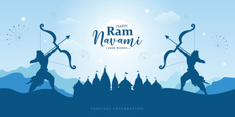Happy Ram Navami wishes or greeting blue color social media banner or poster design with bow or temple vector illustration