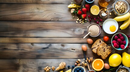 Fototapeta na wymiar Healthy breakfast ingredients food frame on wooden rustic background, top view, copy space.