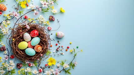 Happy Easter card creative holiday concept with easter eggs in nest spring flowers and candies with copy space for text Flat lay pattern. Banner