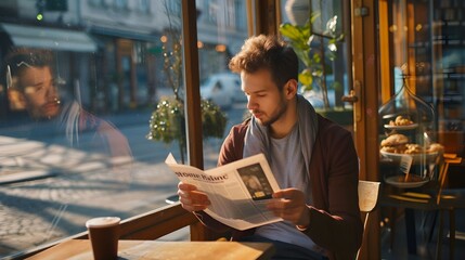 Handsome young man reads the morning newspaper, savoring the aroma of freshly brewed coffee in a cozy bakery on the street corner. - obrazy, fototapety, plakaty