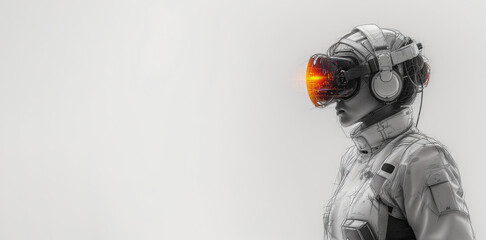 Line art sketch of Female doctor wearing virtual reality glasses isolated on bright white background. Copy space, banner. Innovative technologies