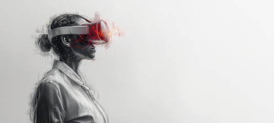 Line art sketch of Female doctor wearing virtual reality glasses isolated on bright white background. Copy space, banner. Innovative technologies