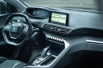 Cluj-Napoca, Cluj-Romania-02.14.2023-Peugeot 5008 Cabin Highlight: Big Navigation Display Unit for Seamless Navigation